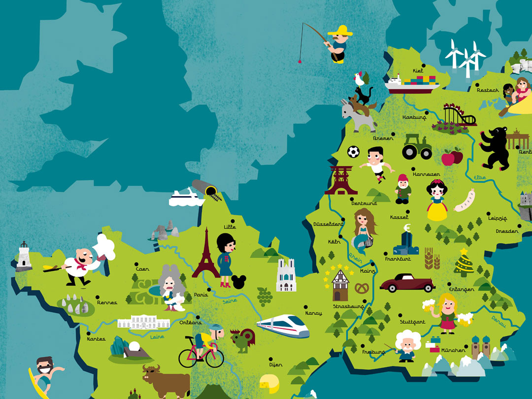 Ausschnitt aus einer illustrierten Landkarte, die Deutschland und Frankreich abbildet.
